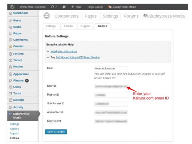BuddyPress Media Kaltura Addon Settings