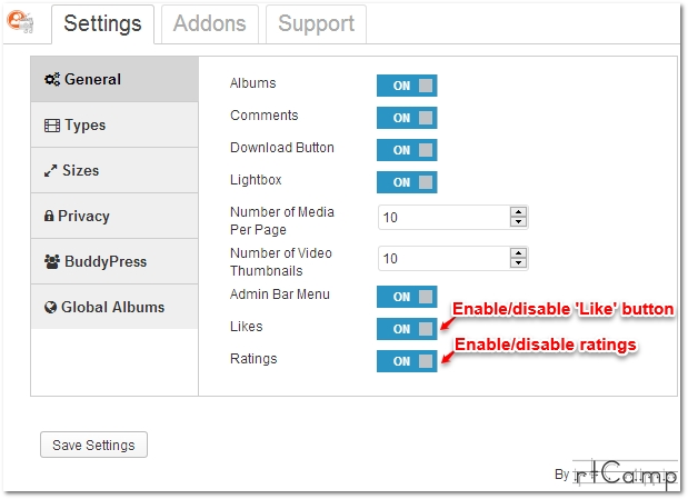 Switches are provided to enable/disable the ‘Like’ and ratings features for media.