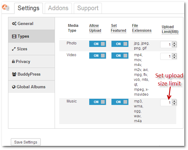 Upload file size limit under settings.