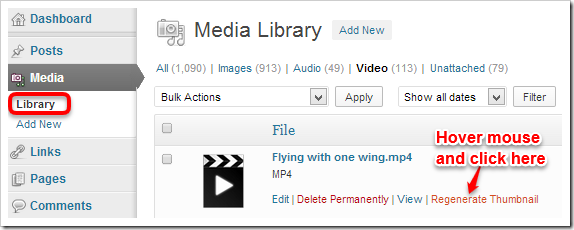 Regenerate video thumbnail in media library