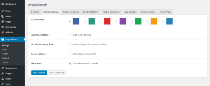 Theme settings Inspirebook