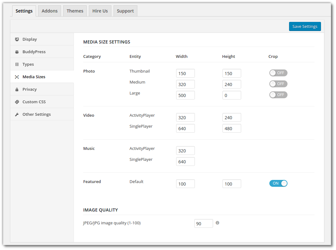 Media sizes tab in rtMedia settings 