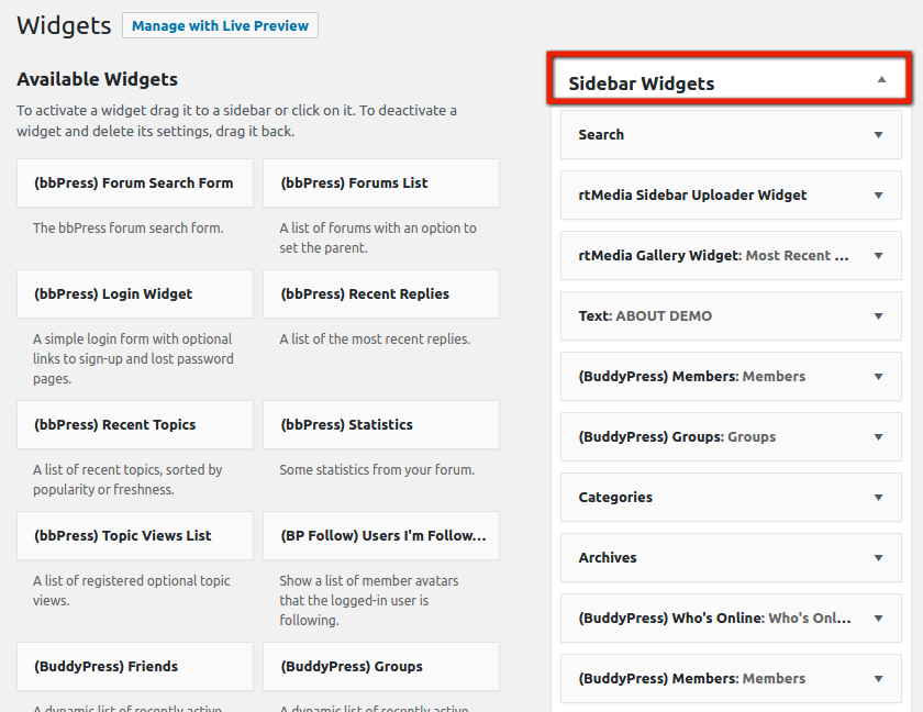 widgets option