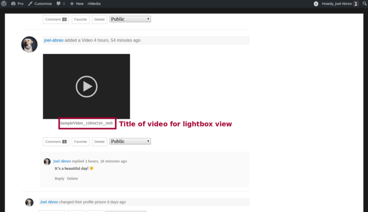 Clicking on the video title creates a lightbox