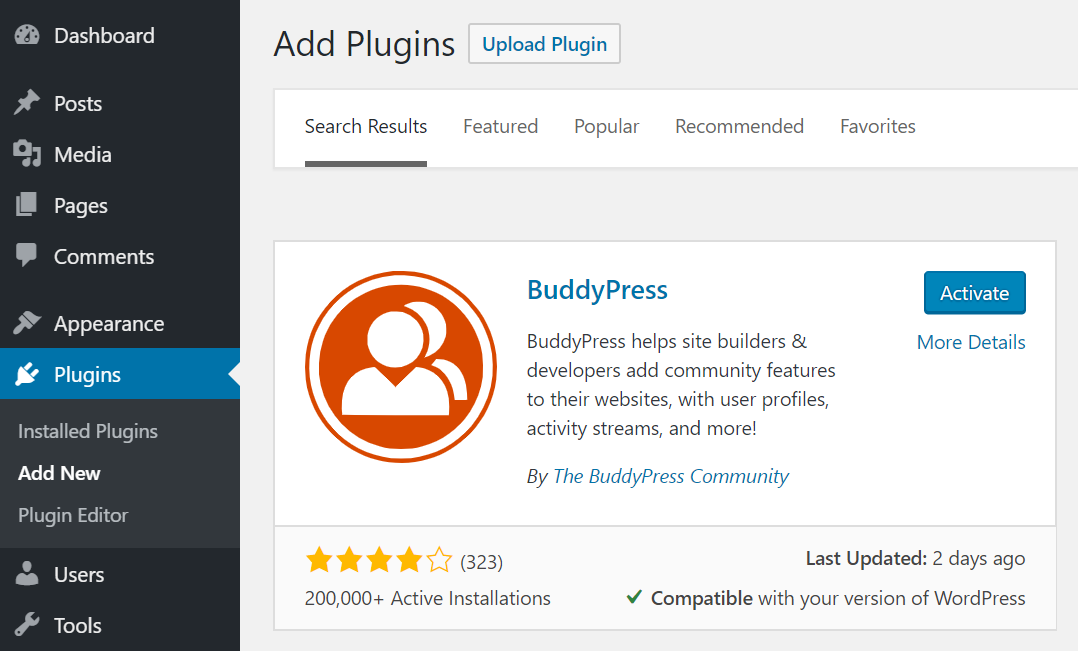 activate buddypress social networking and online community builder plugin