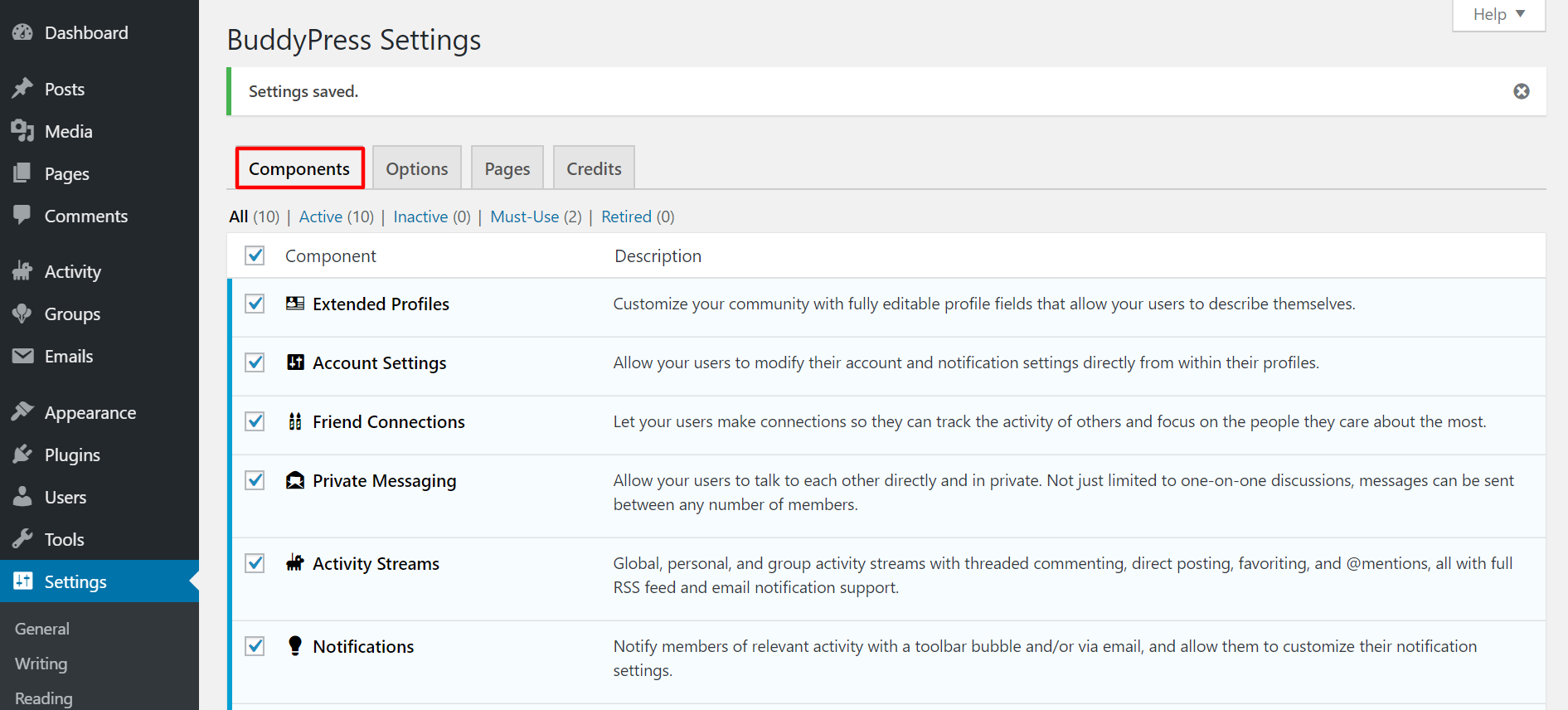 buddypress components activation