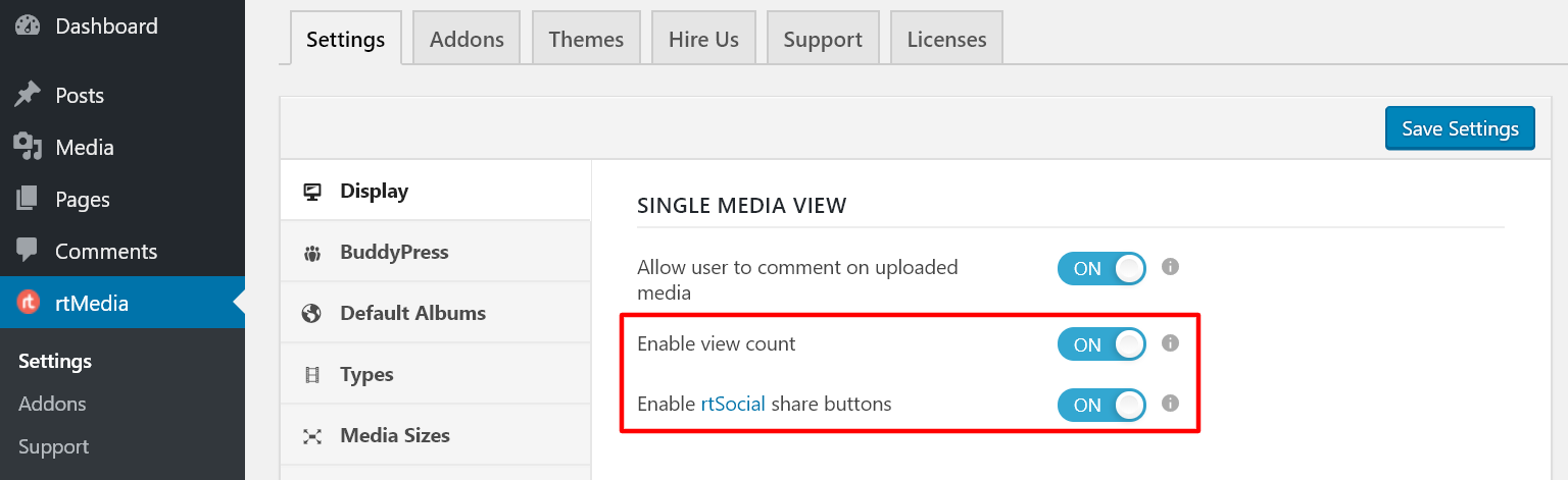 enable rtmedia view counter and social sharing buttons