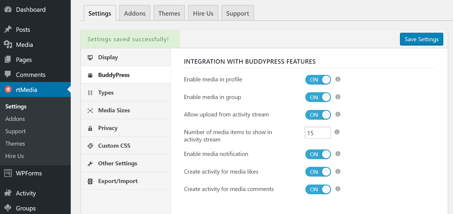 rtmedia buddypress integration settings