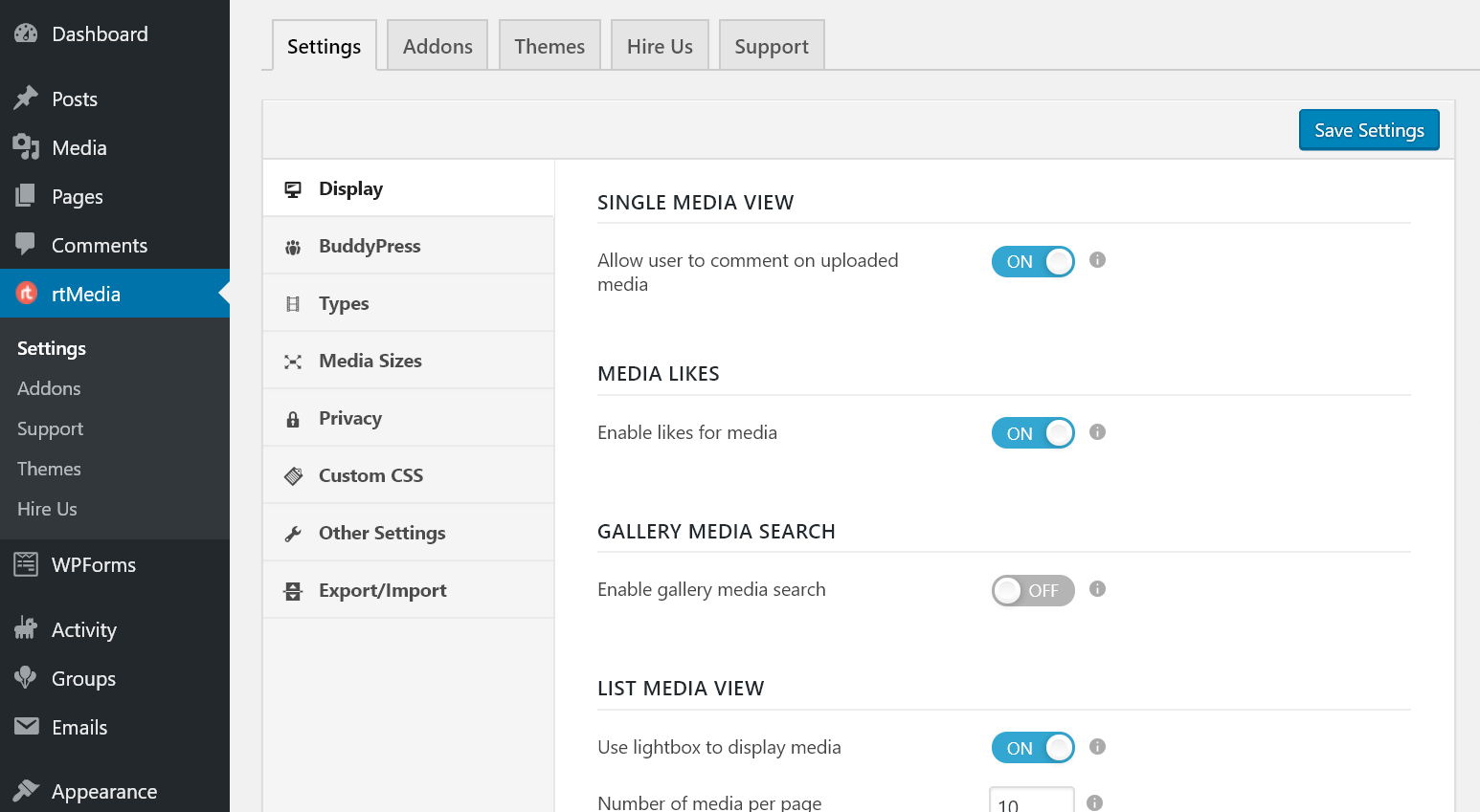 rtmedia display settings page