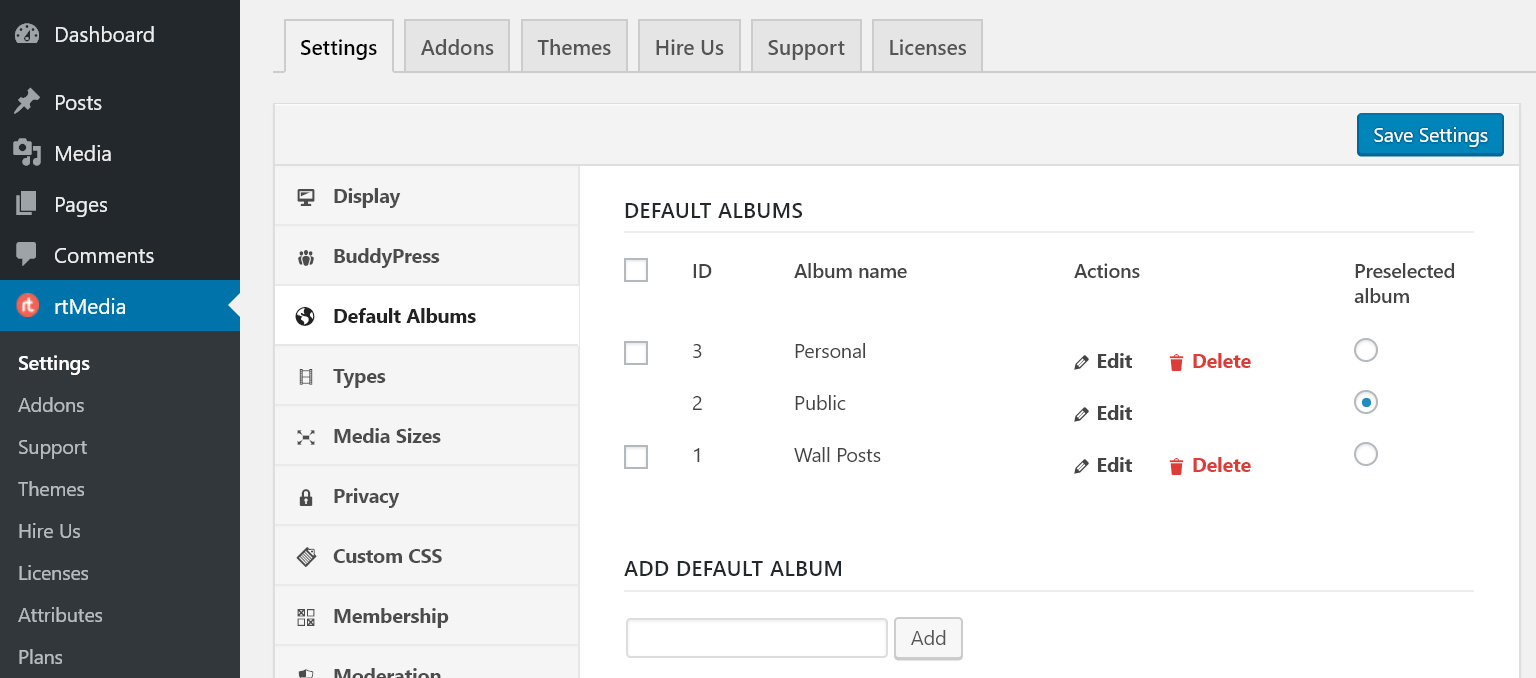 rtmedia default albums for buddypress sites