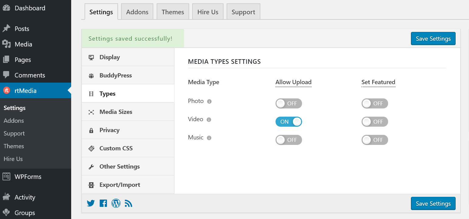 disable photos and music file uploads in buddypress using rtmedia