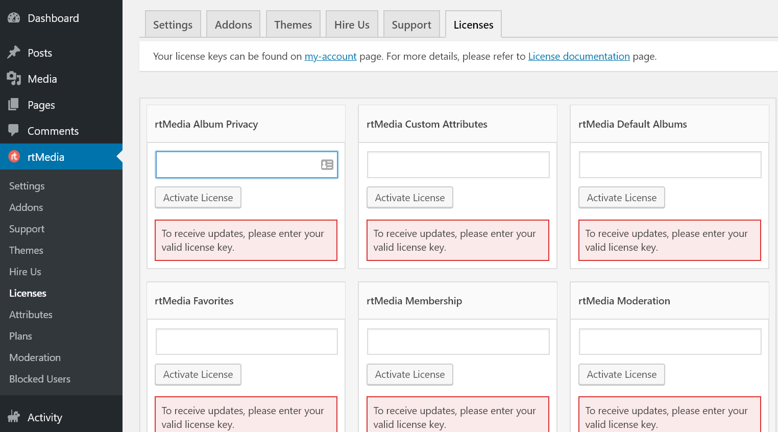 activate rtmedia add-ons with license keys