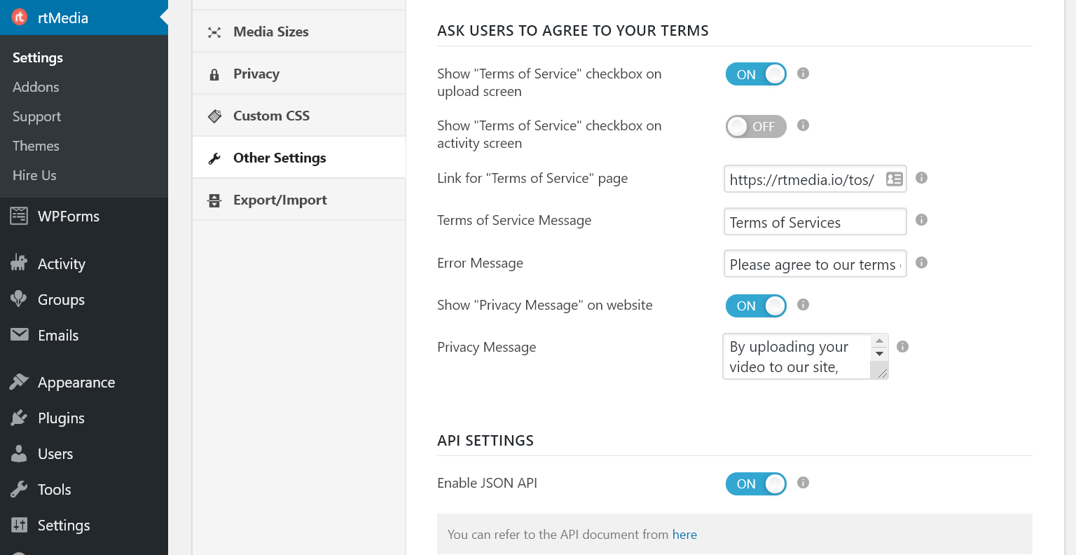 rtmedia miscellaneous settings