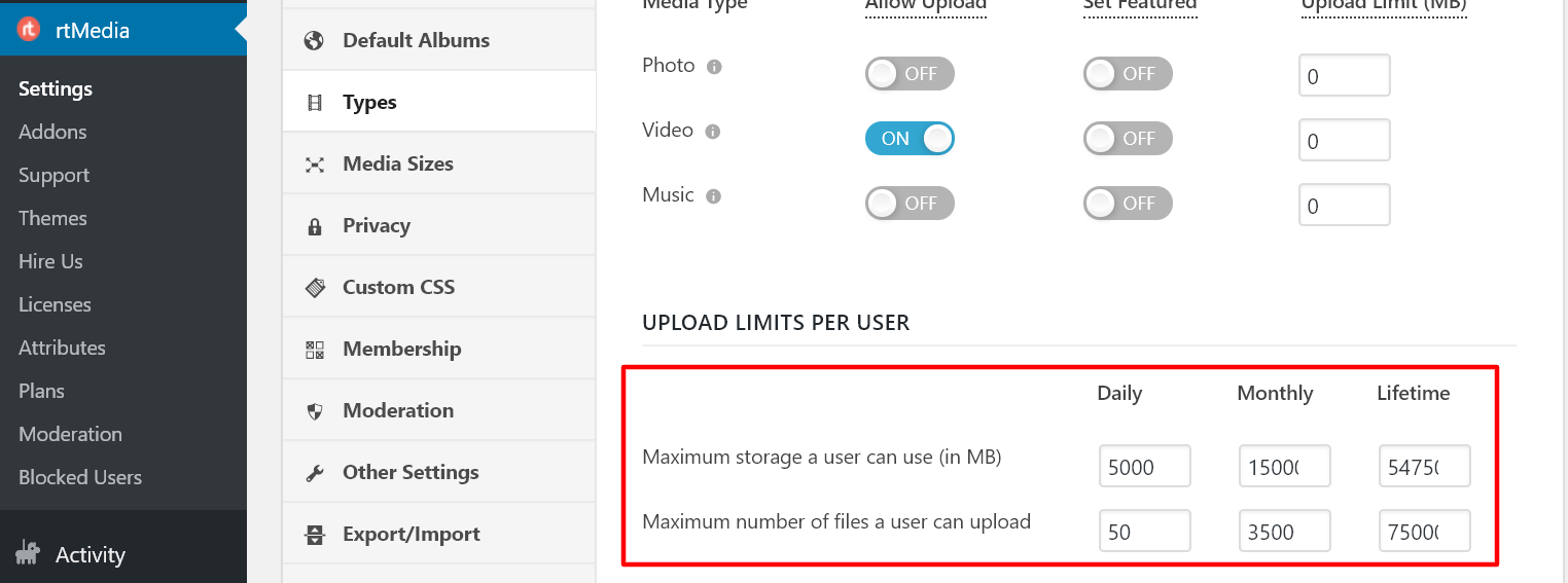 rtmedia upload limits per user