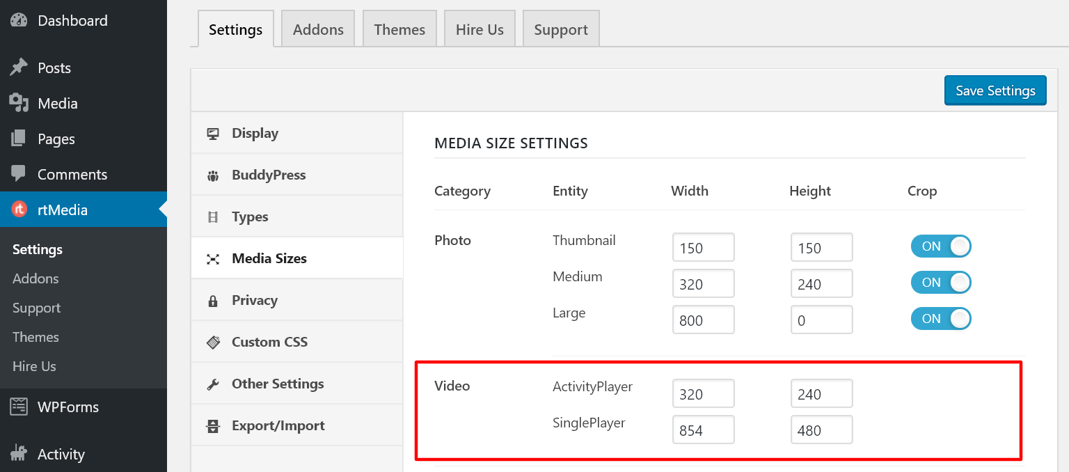 rtmedia video player dimensions