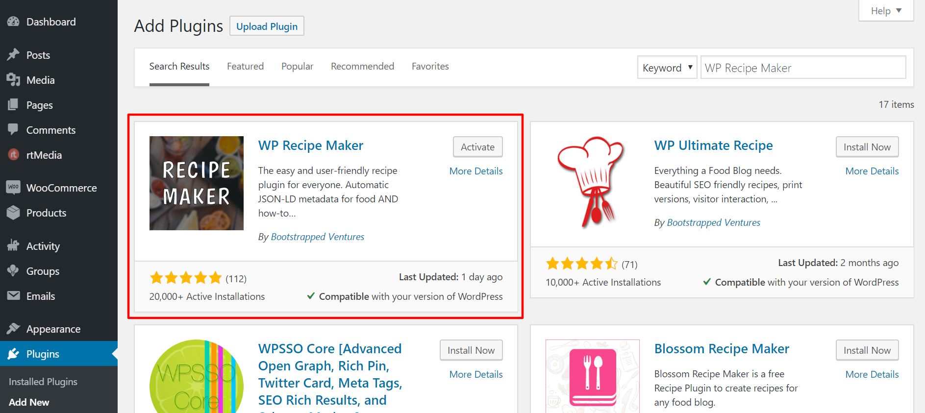 install and activate wp recipe maker plugin