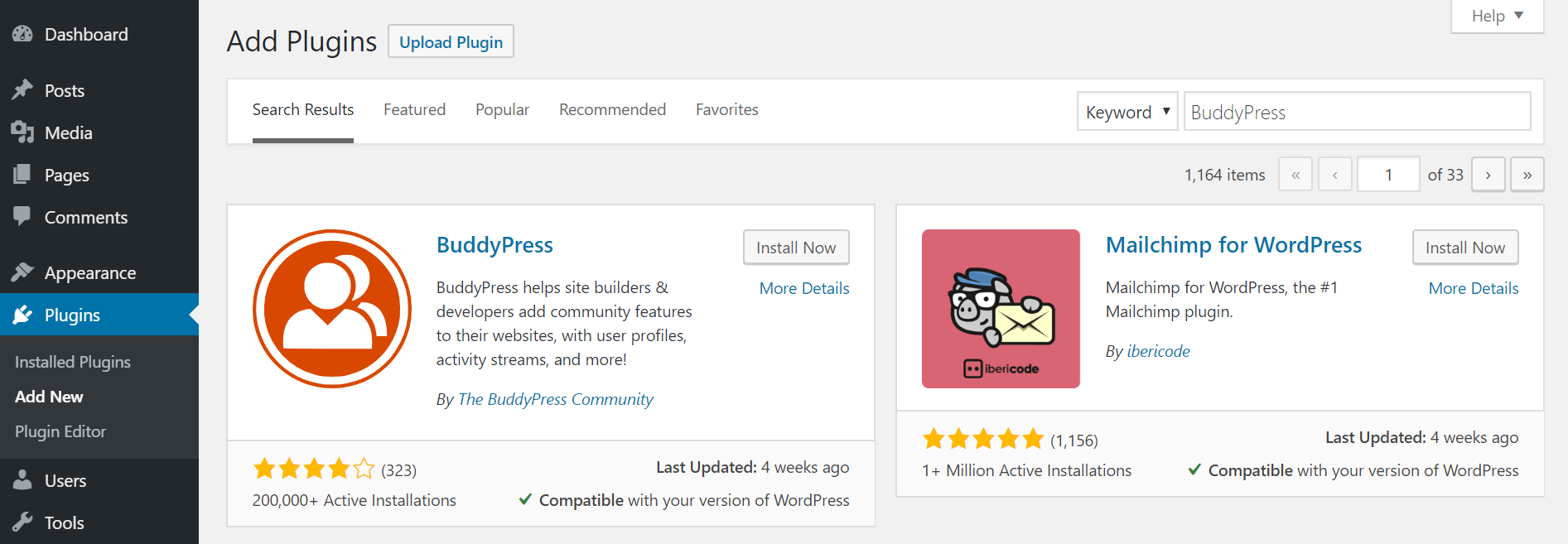 install buddypress plugin from wordpress dashboard