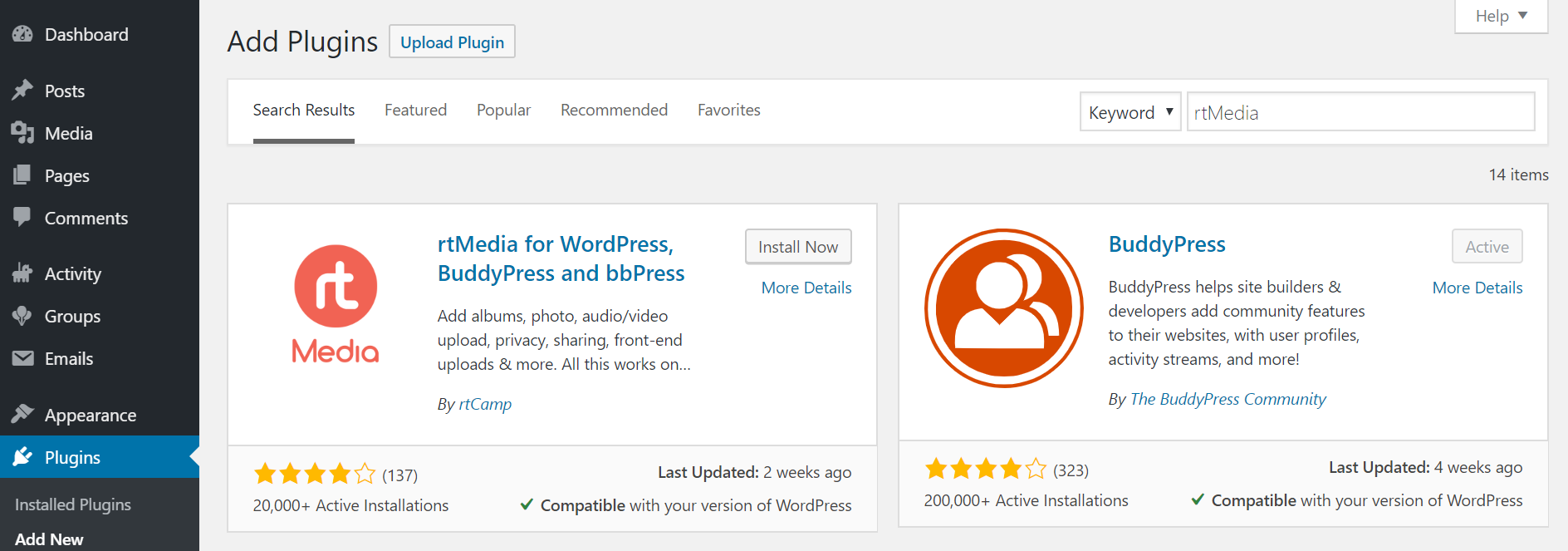 install rtmedia plugin from wordpress dashboard