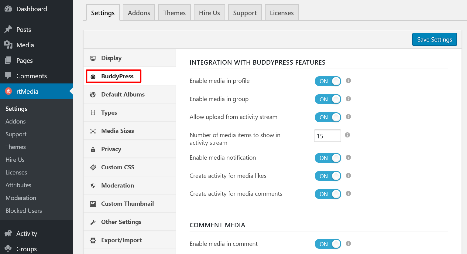 rtmedia buddypress settings