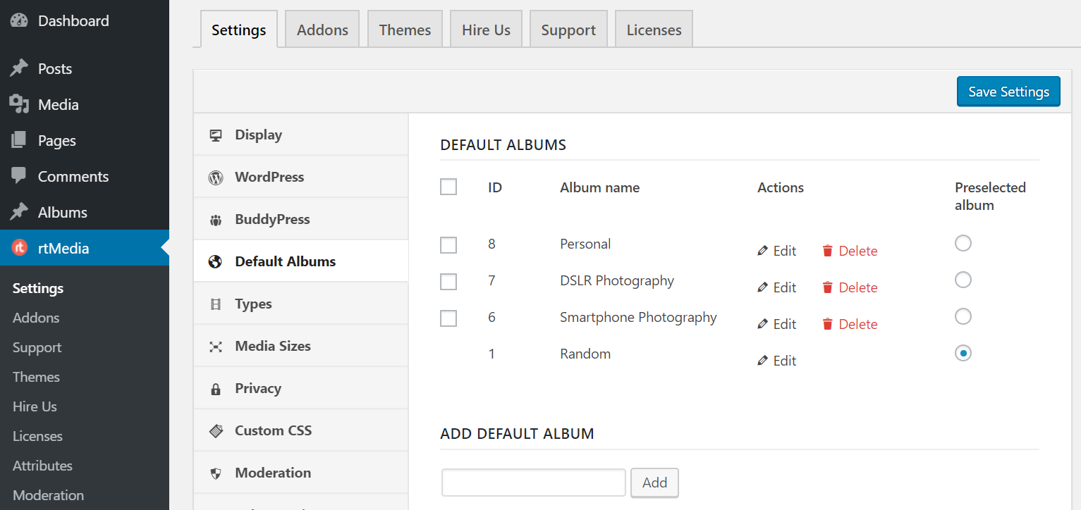 rtmedia default albums settings