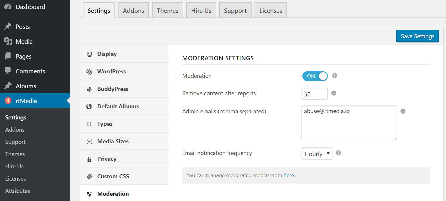 rtmedia moderation settings page