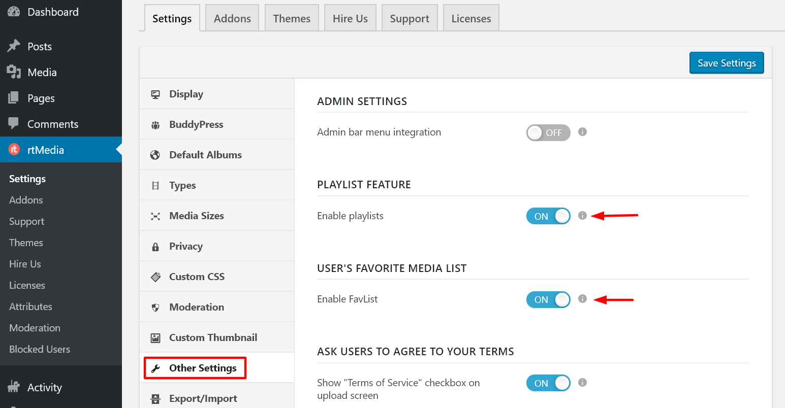 rtmedia other settings