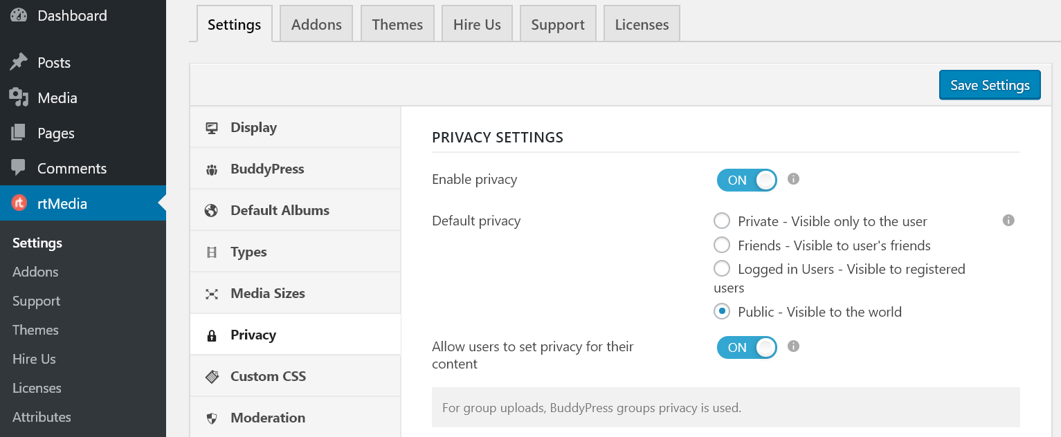 rtmedia privacy settings