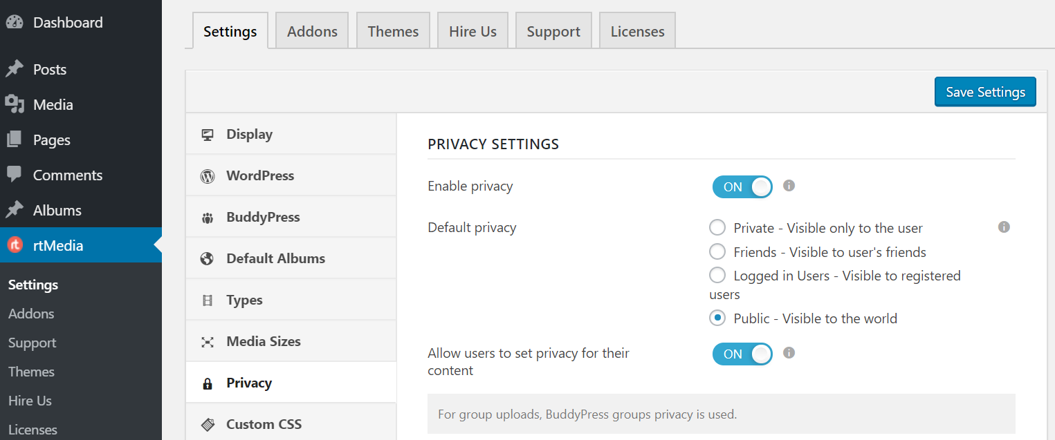 rtmedia privacy settings page