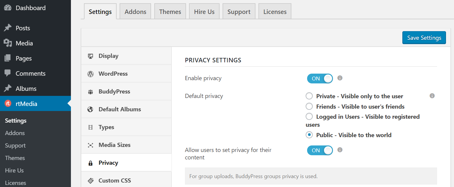 rtmedia privacy settings