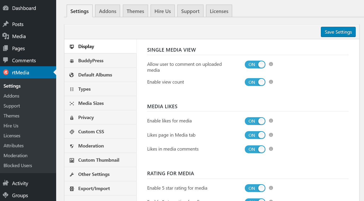 rtmedia settings page