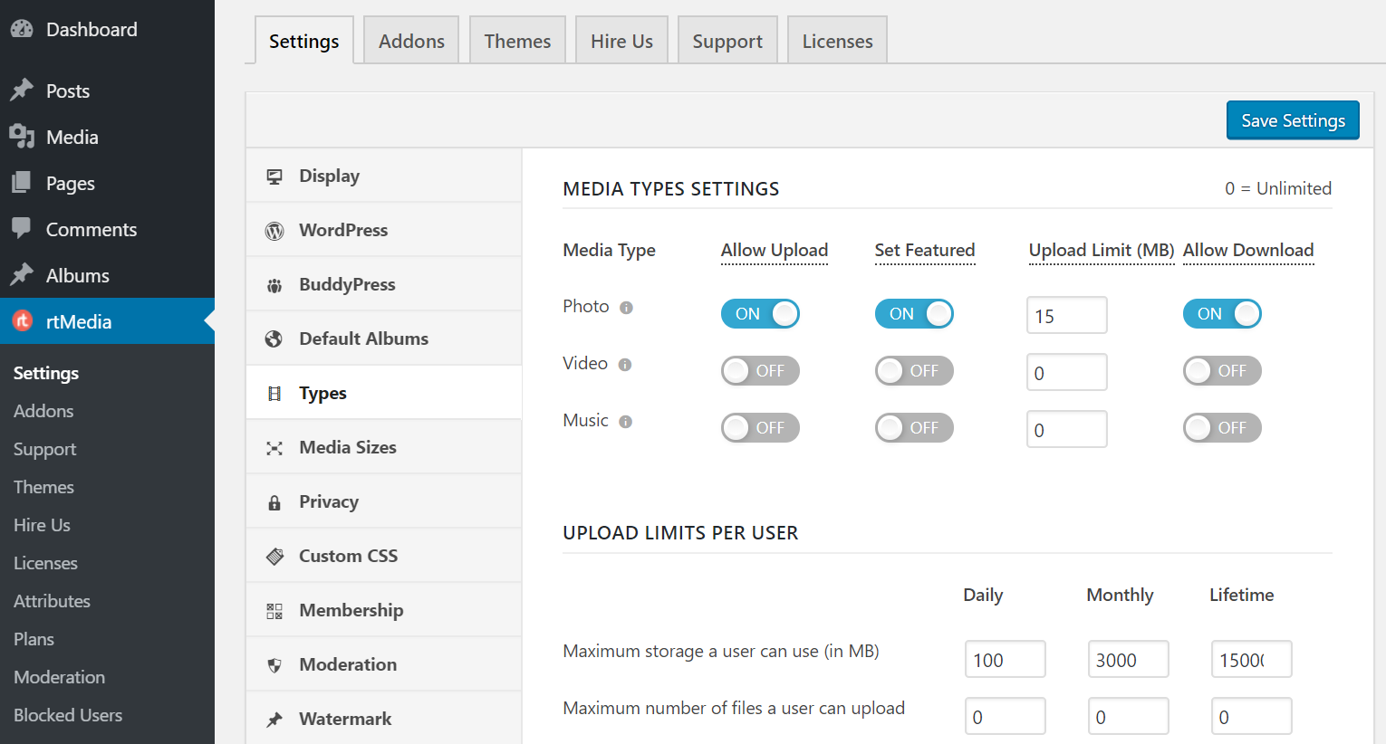 rtmedia types settings