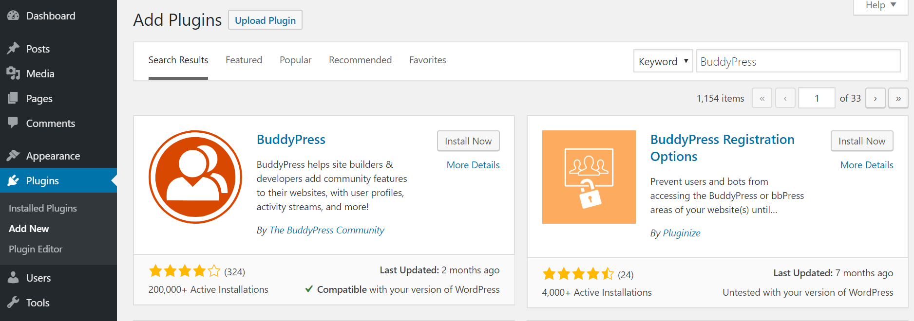 install buddypress from wordpress dashboard