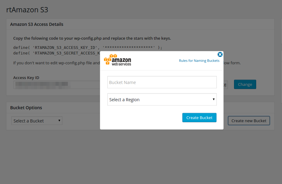 rtamazon s3 wordpress plugin - create s3 bucket