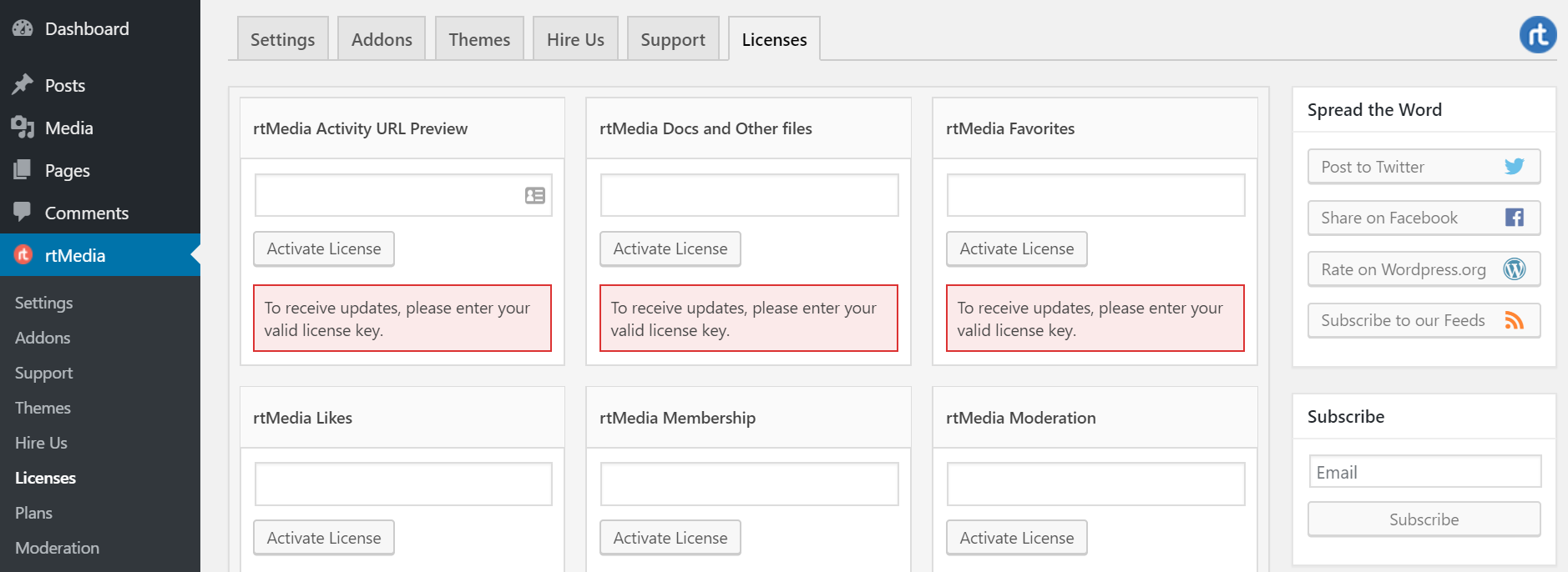 rtmedia add-ons license activation