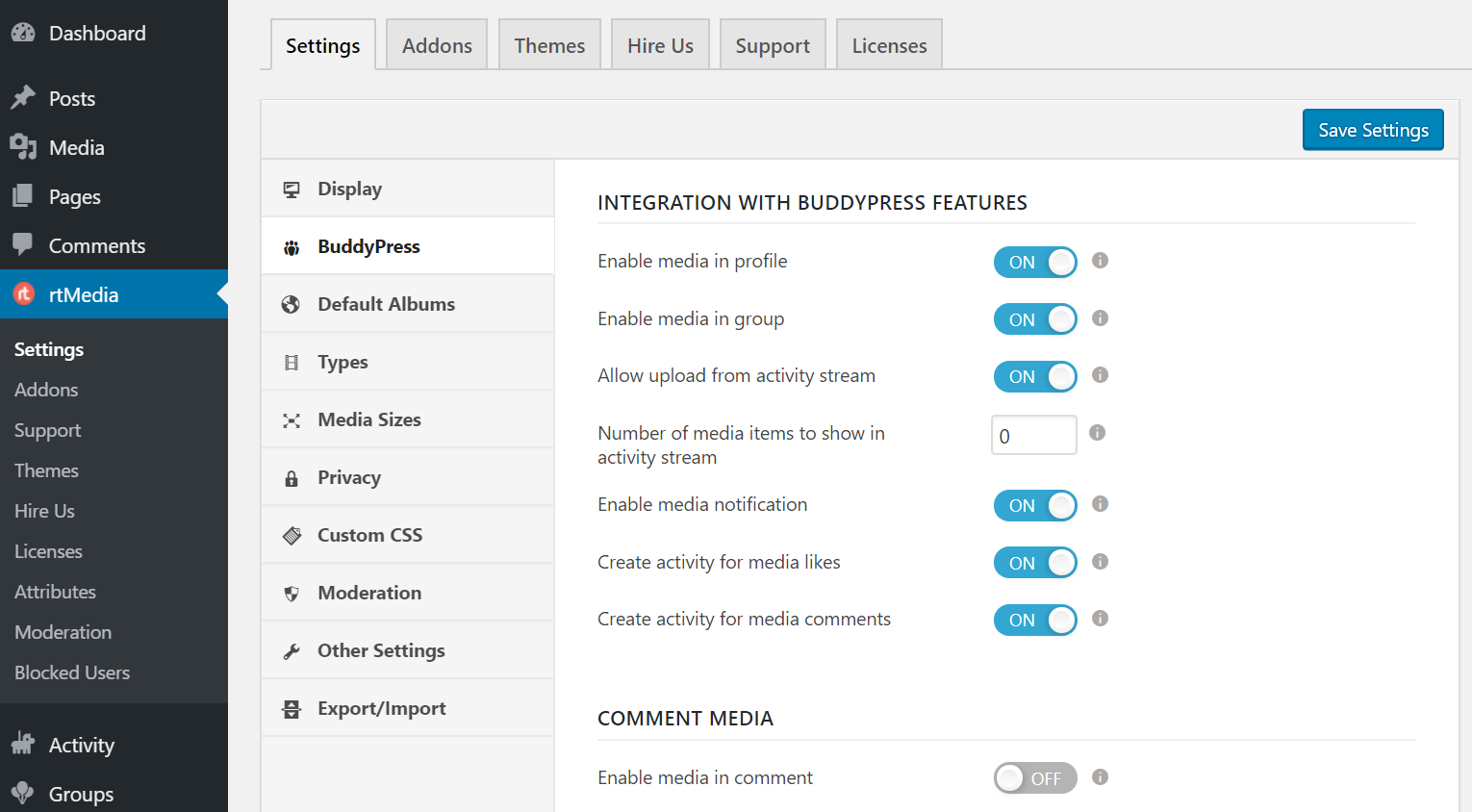 rtmedia buddypress settings