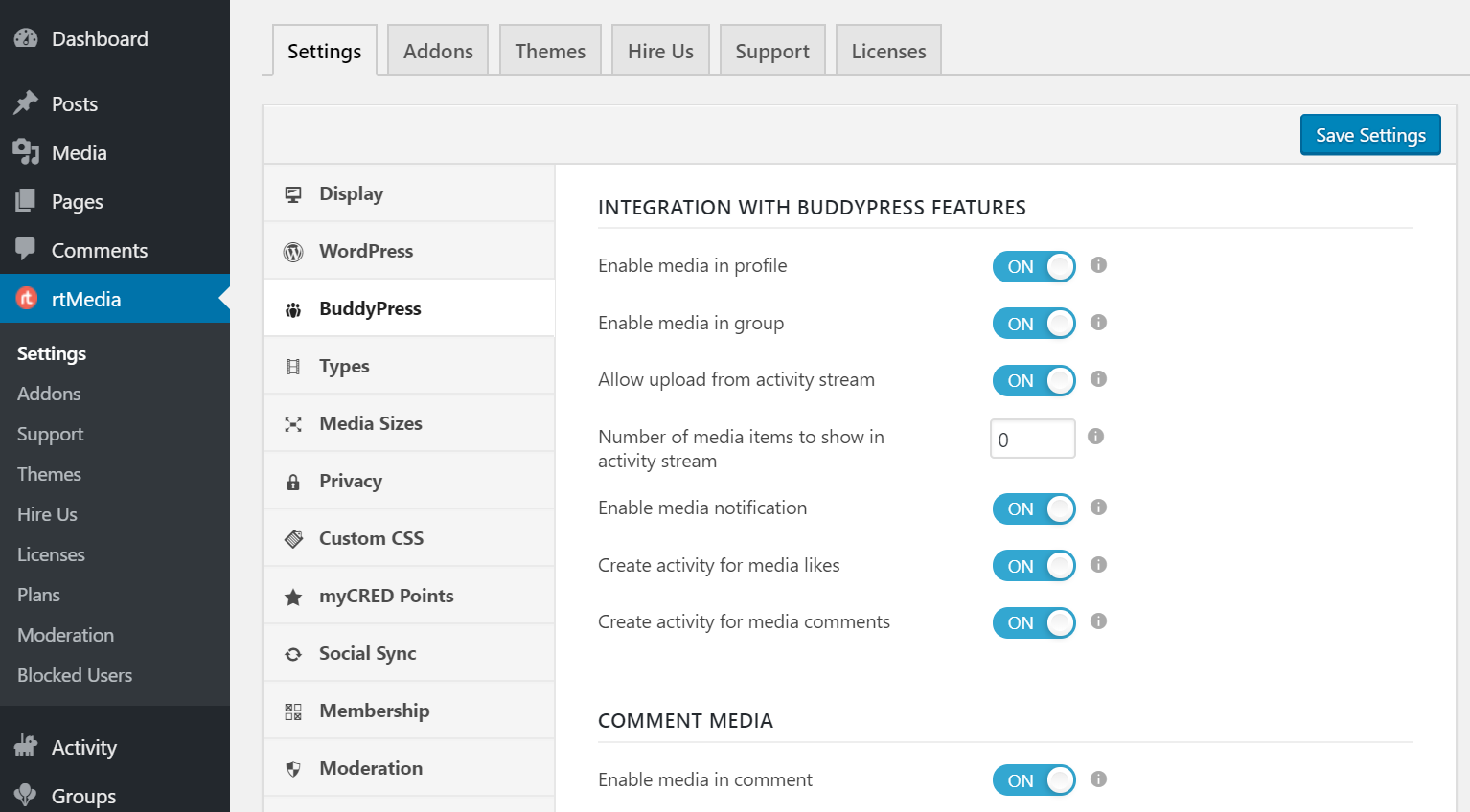 rtmedia buddypress settings