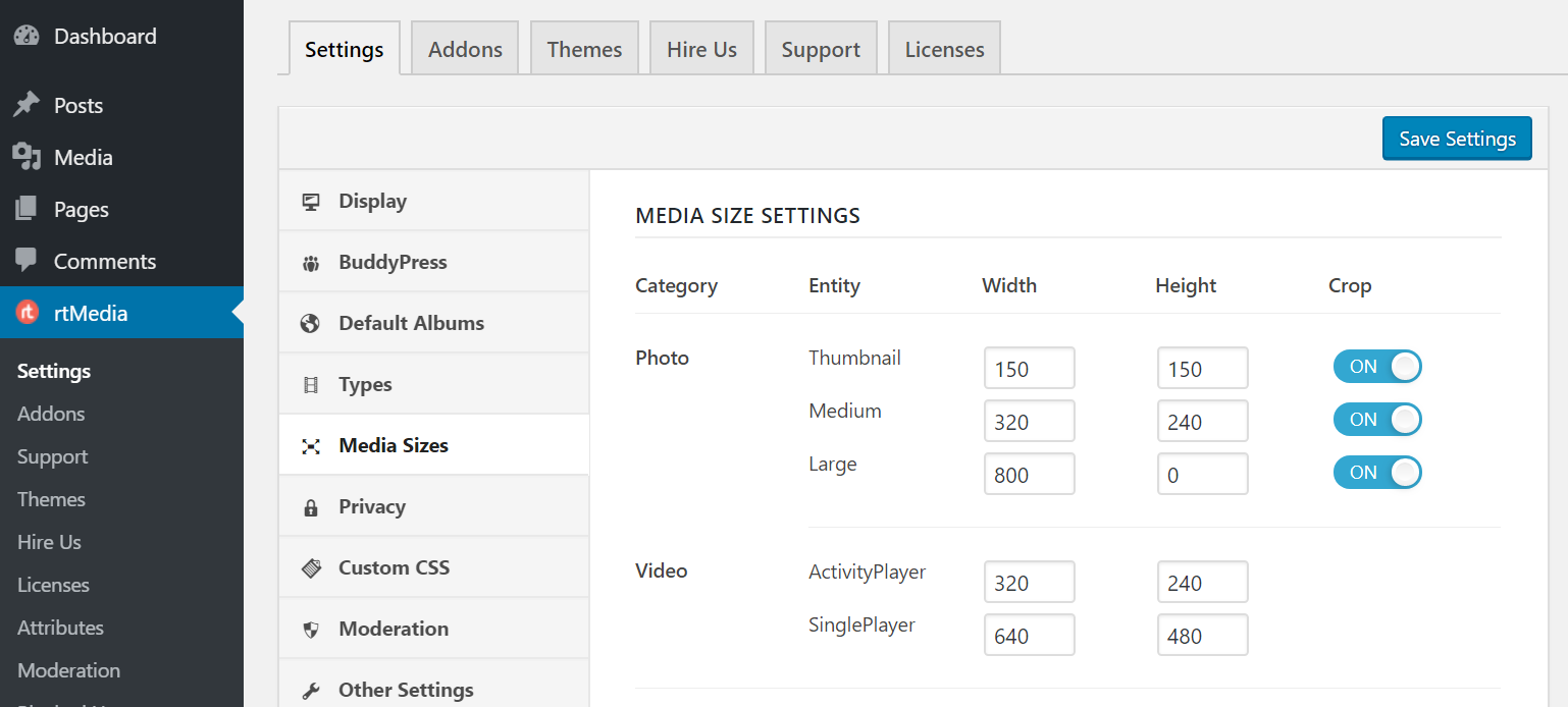 rtmedia media sizes settings