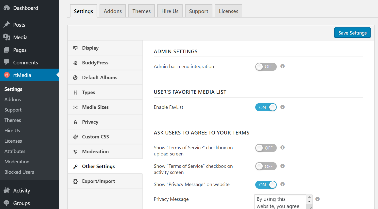 rtmedia other settings