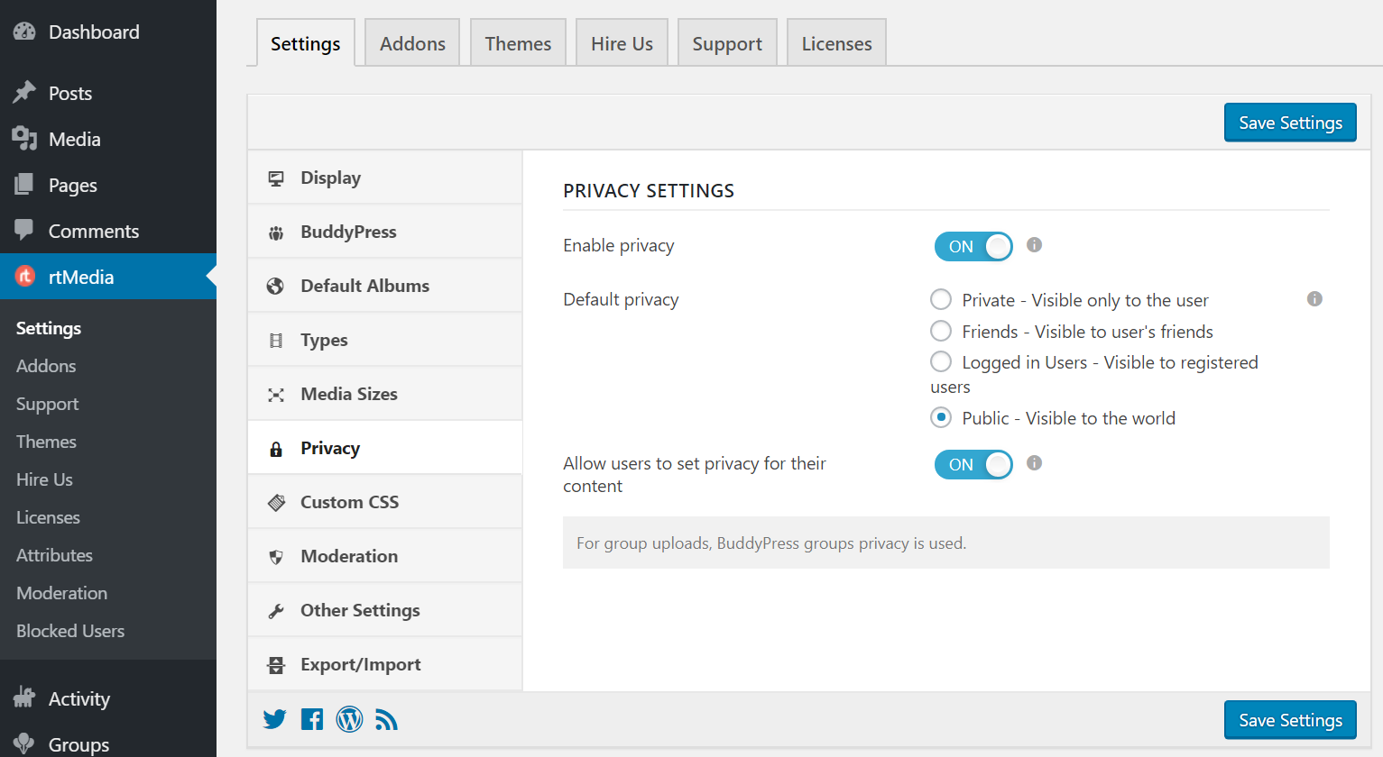 rtmedia privacy settings