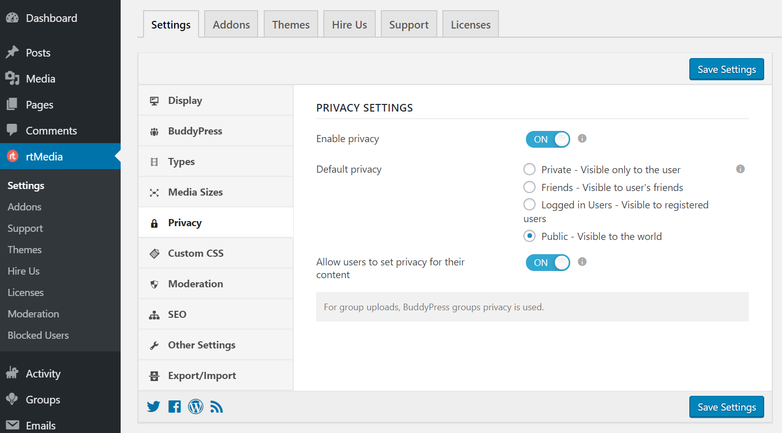 rtmedia privacy settings