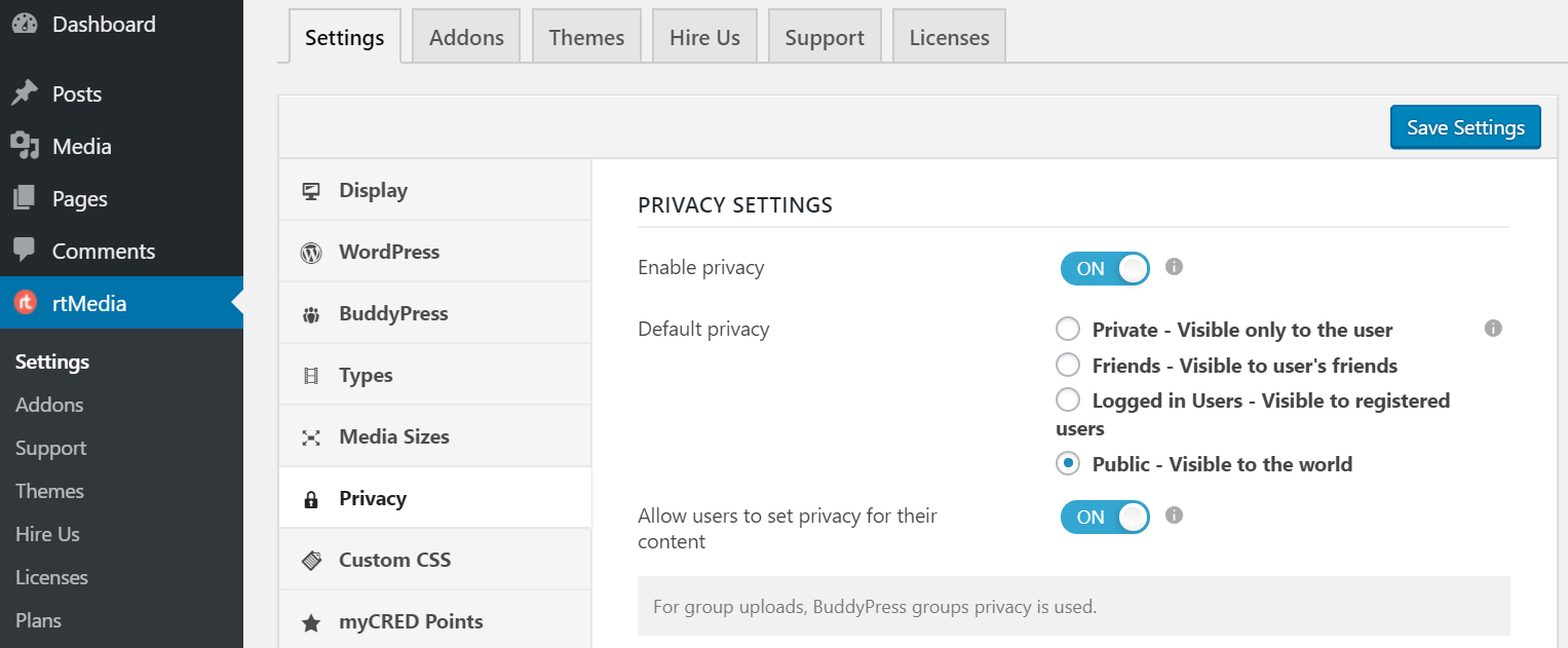 rtmedia privacy settings