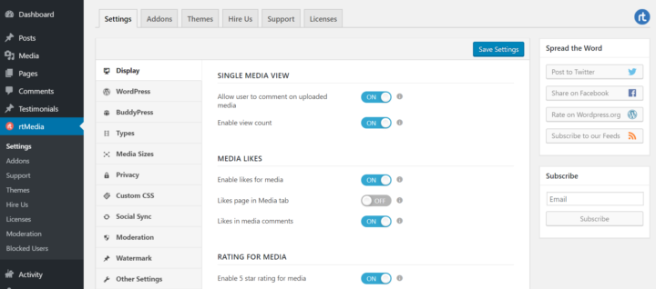 rtmedia settings page