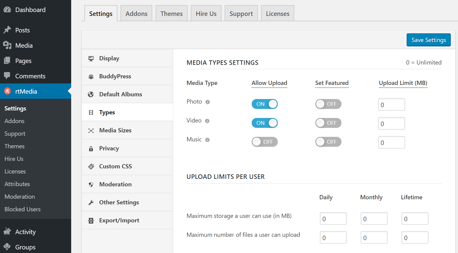 rtmedia types settings