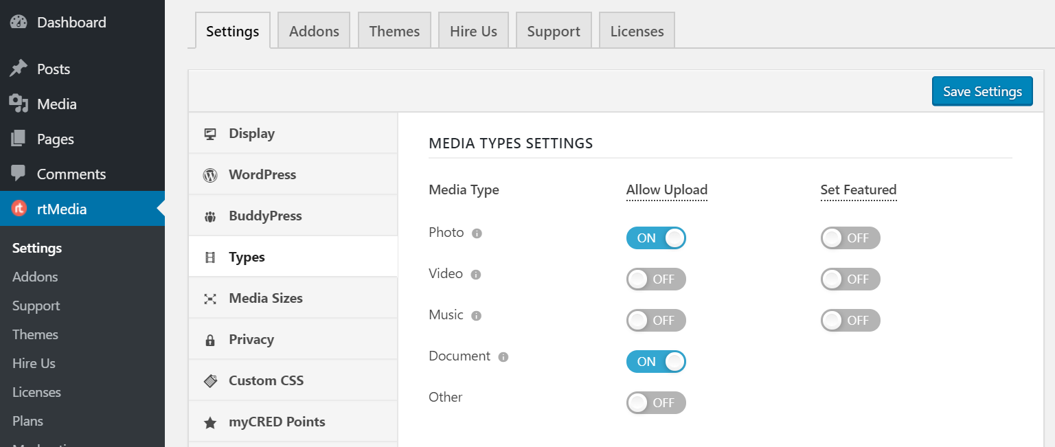 rtmedia types settings