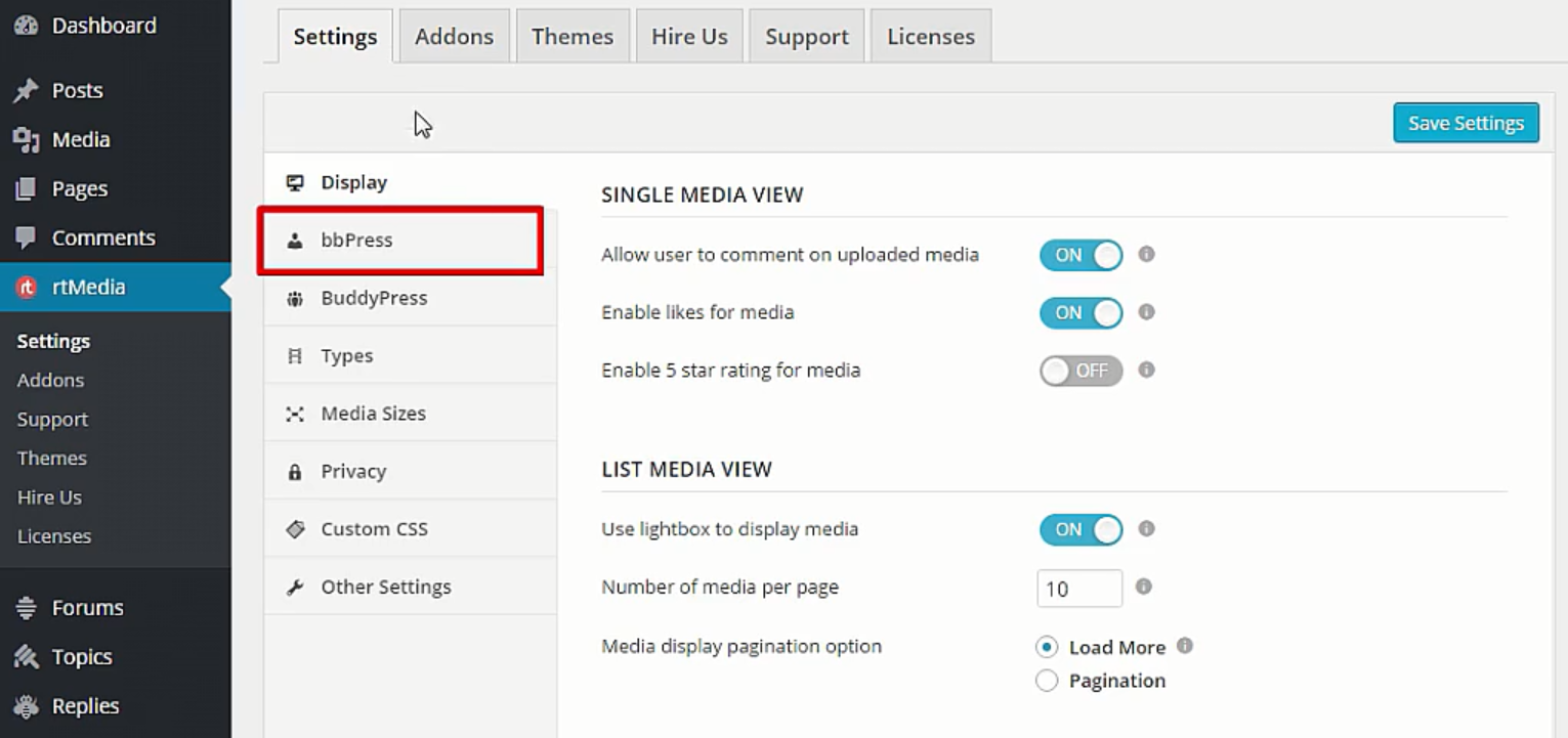 bbpress menu in rtmedia settings page