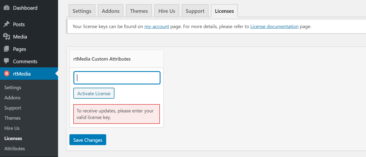 activate rtmedia custom attributes addon using license key