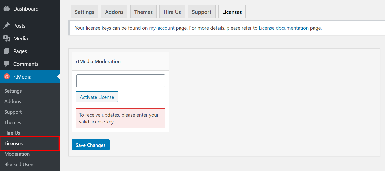 activate rtmedia moderation addon using license key