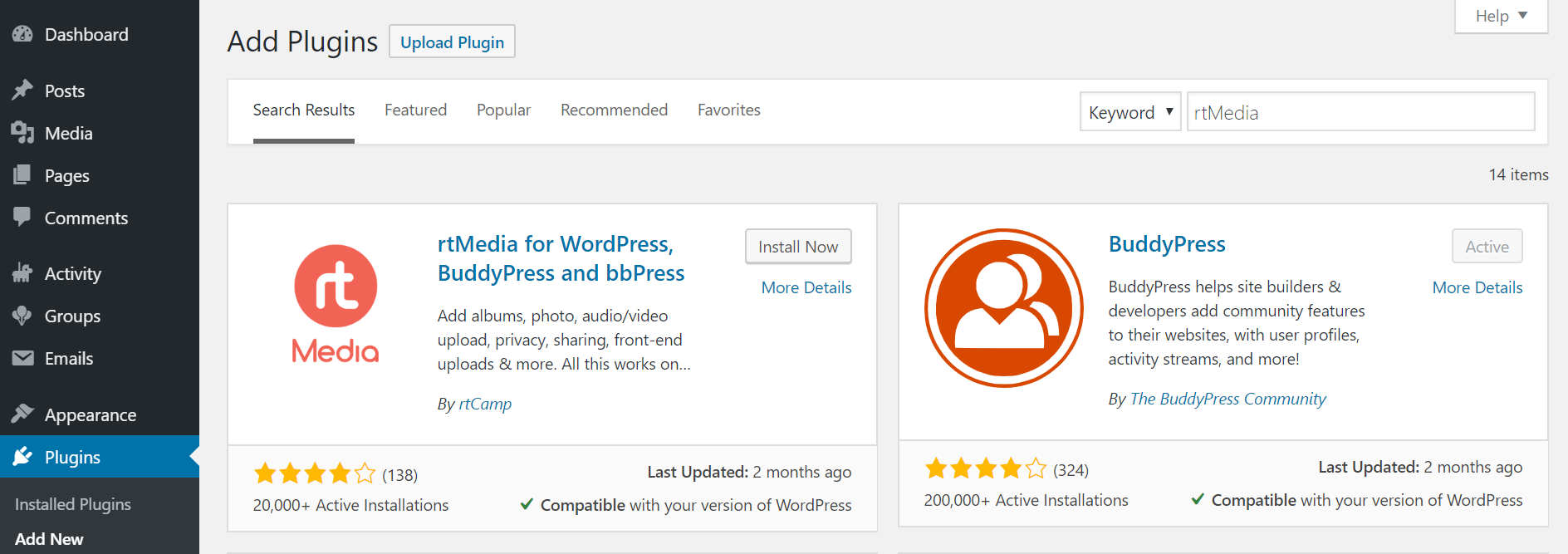 install and activate rtmedia from wordpress dashboard