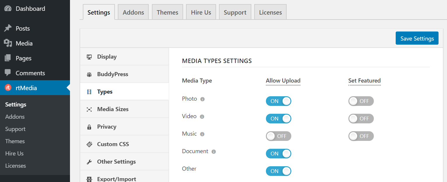 rtmedia allowed media types settings