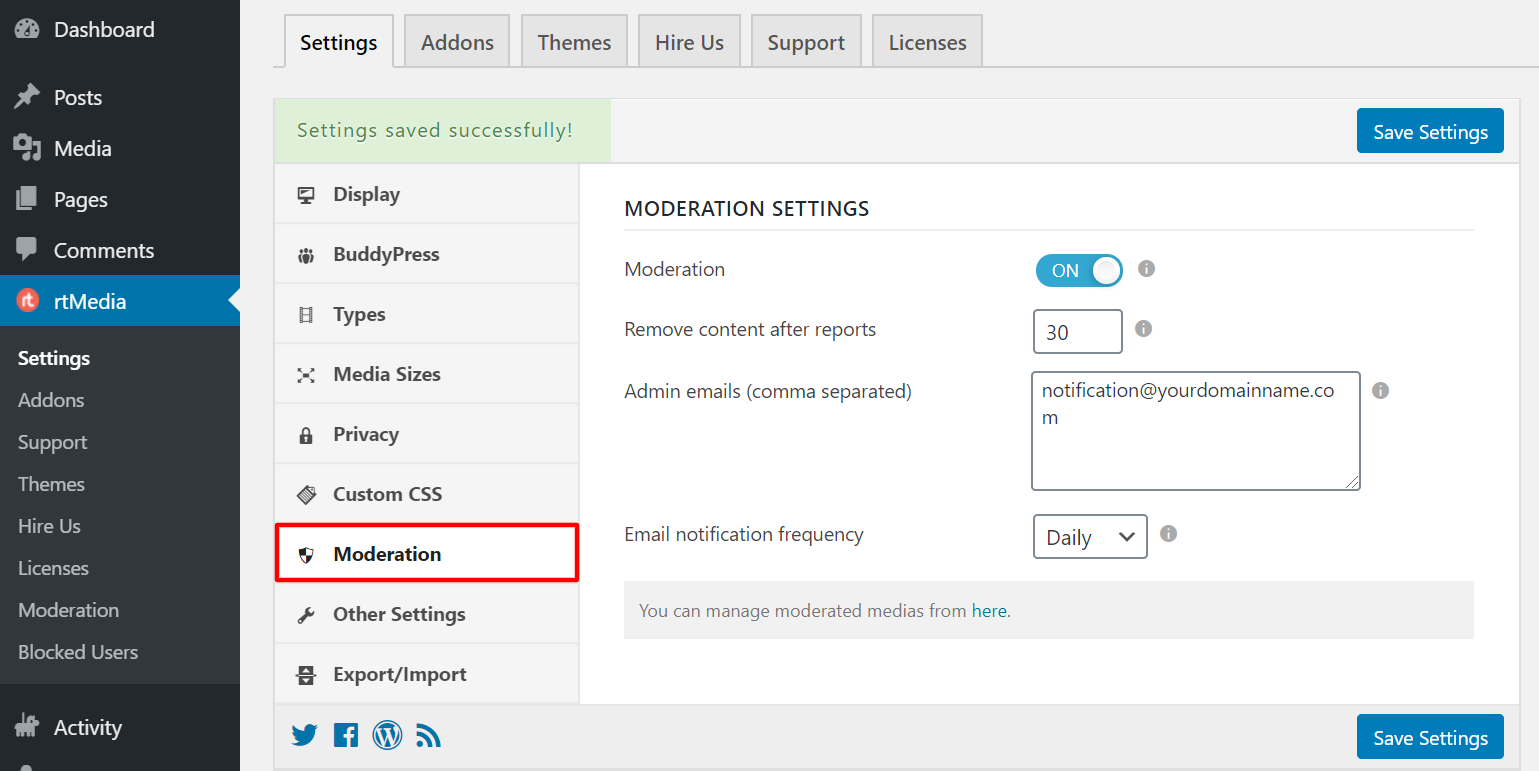 rtmedia buddypress media moderation settings